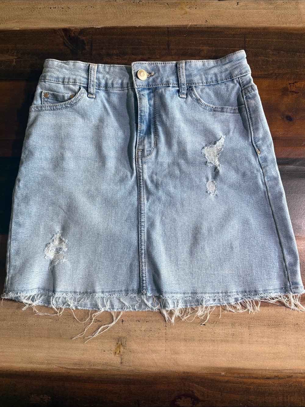 Light Blue Distressed Denim Mini Skirt - Casual Everyday